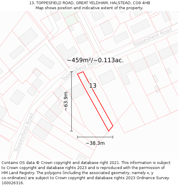 13, TOPPESFIELD ROAD, GREAT YELDHAM, HALSTEAD, CO9 4HB: Plot and title map