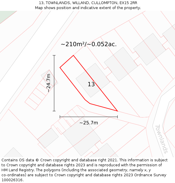 13, TOWNLANDS, WILLAND, CULLOMPTON, EX15 2RR: Plot and title map