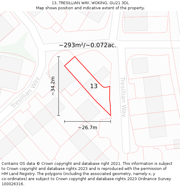 13, TRESILLIAN WAY, WOKING, GU21 3DL: Plot and title map