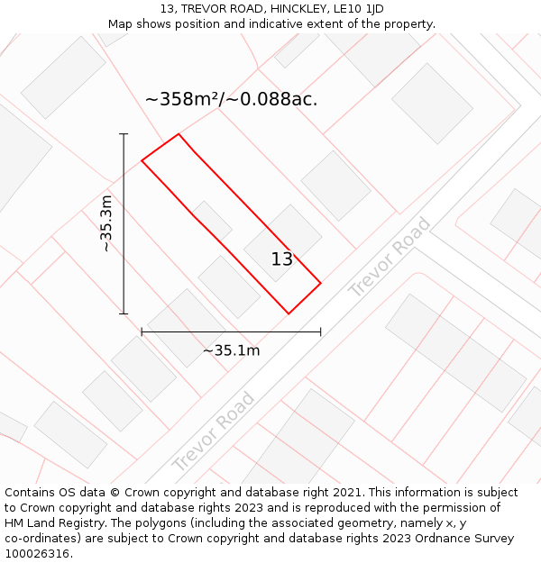 13, TREVOR ROAD, HINCKLEY, LE10 1JD: Plot and title map