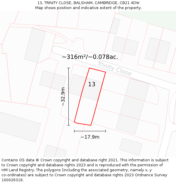 13, TRINITY CLOSE, BALSHAM, CAMBRIDGE, CB21 4DW: Plot and title map