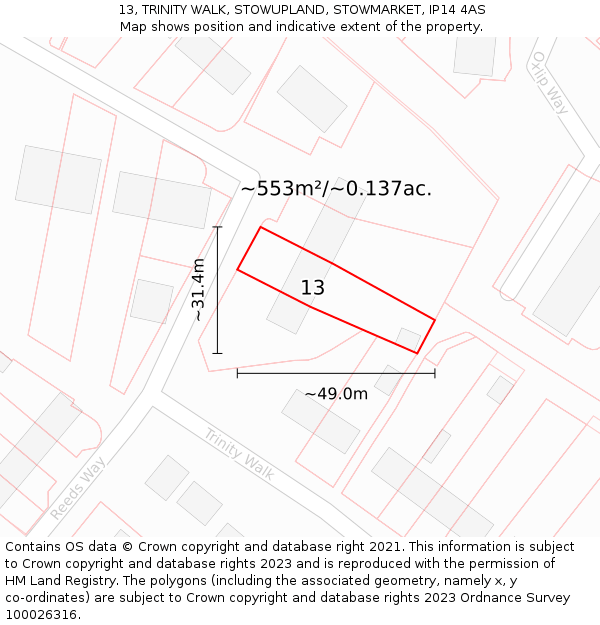 13, TRINITY WALK, STOWUPLAND, STOWMARKET, IP14 4AS: Plot and title map