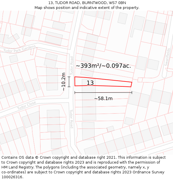 13, TUDOR ROAD, BURNTWOOD, WS7 0BN: Plot and title map