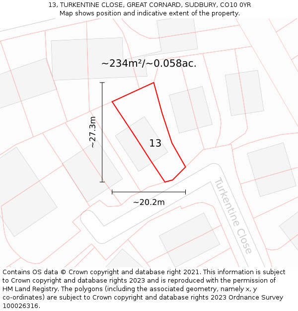 13, TURKENTINE CLOSE, GREAT CORNARD, SUDBURY, CO10 0YR: Plot and title map