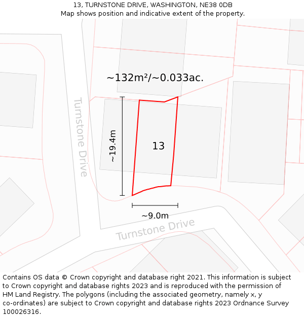 13, TURNSTONE DRIVE, WASHINGTON, NE38 0DB: Plot and title map