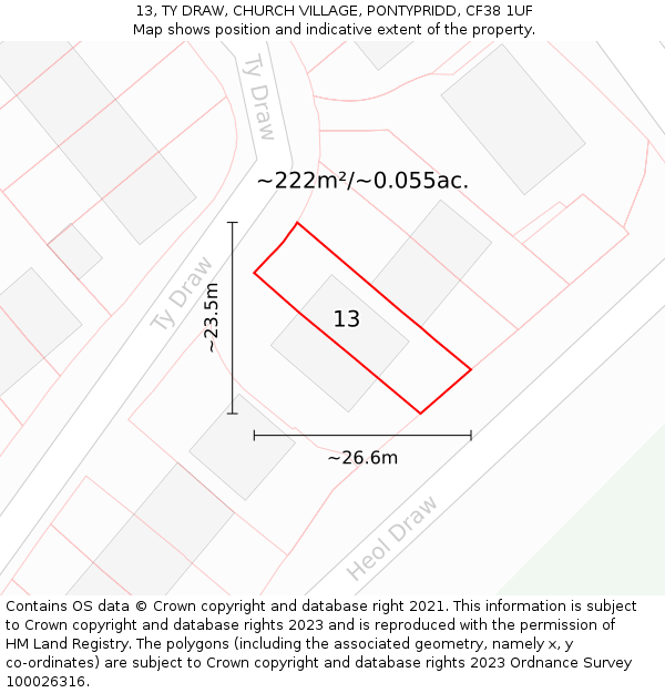 13, TY DRAW, CHURCH VILLAGE, PONTYPRIDD, CF38 1UF: Plot and title map