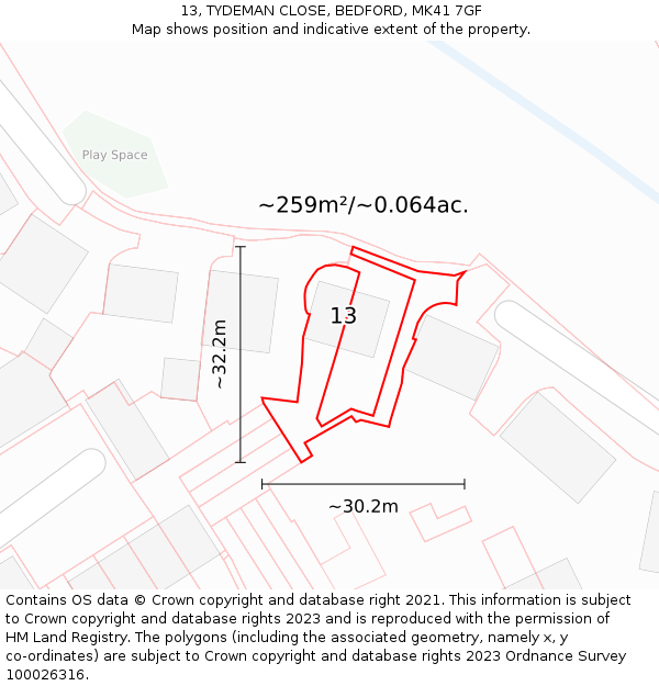 13, TYDEMAN CLOSE, BEDFORD, MK41 7GF: Plot and title map