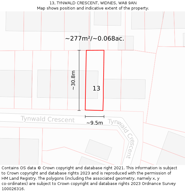 13, TYNWALD CRESCENT, WIDNES, WA8 9AN: Plot and title map