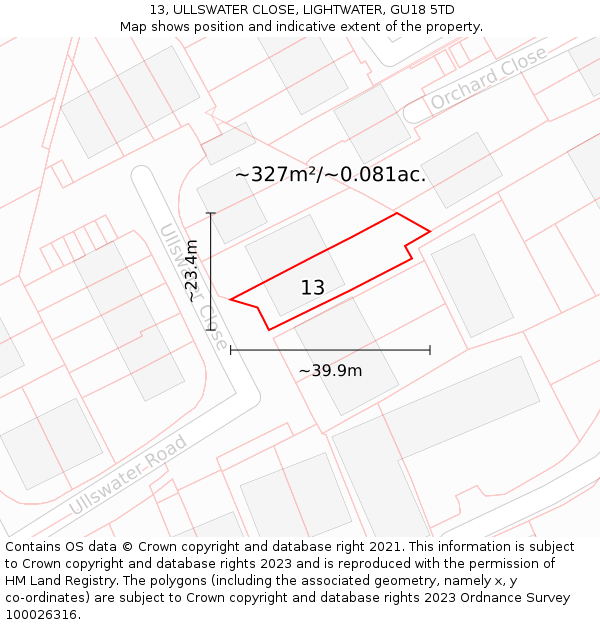 13, ULLSWATER CLOSE, LIGHTWATER, GU18 5TD: Plot and title map