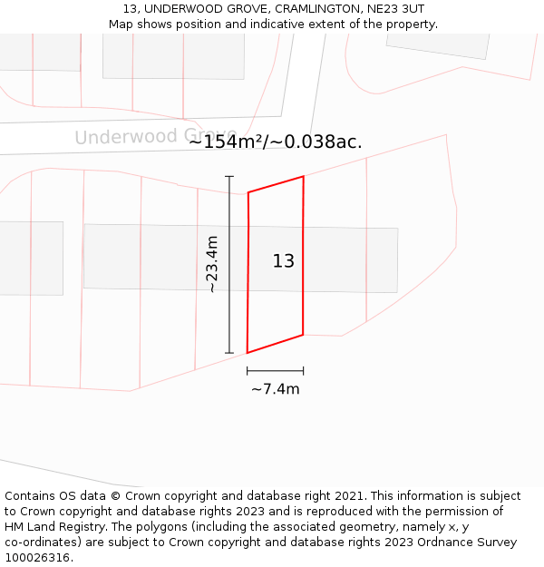 13, UNDERWOOD GROVE, CRAMLINGTON, NE23 3UT: Plot and title map