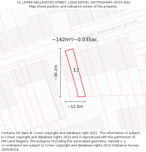 13, UPPER WELLINGTON STREET, LONG EATON, NOTTINGHAM, NG10 4NH: Plot and title map