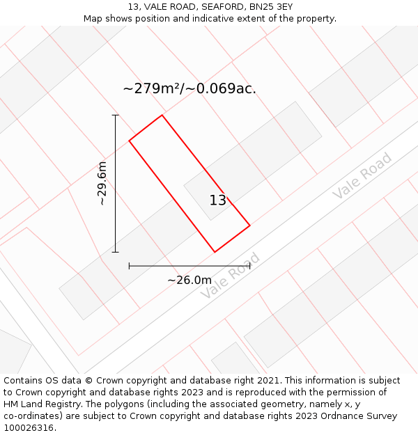 13, VALE ROAD, SEAFORD, BN25 3EY: Plot and title map