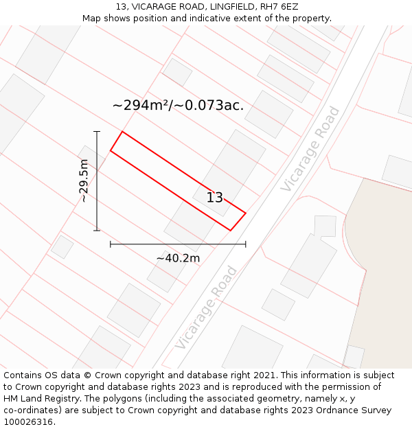 13, VICARAGE ROAD, LINGFIELD, RH7 6EZ: Plot and title map