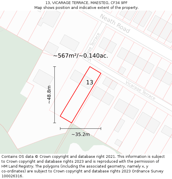 13, VICARAGE TERRACE, MAESTEG, CF34 9PF: Plot and title map