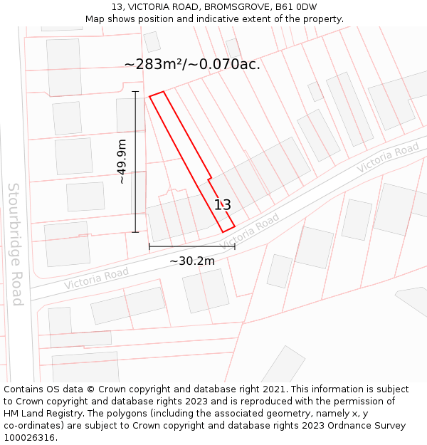 13, VICTORIA ROAD, BROMSGROVE, B61 0DW: Plot and title map