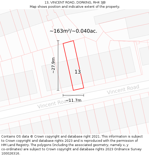 13, VINCENT ROAD, DORKING, RH4 3JB: Plot and title map