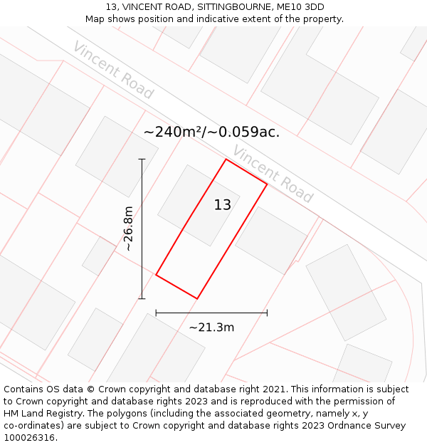 13, VINCENT ROAD, SITTINGBOURNE, ME10 3DD: Plot and title map