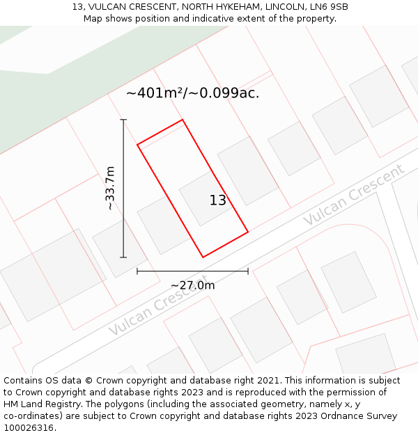 13, VULCAN CRESCENT, NORTH HYKEHAM, LINCOLN, LN6 9SB: Plot and title map