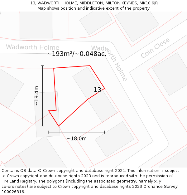 13, WADWORTH HOLME, MIDDLETON, MILTON KEYNES, MK10 9JR: Plot and title map