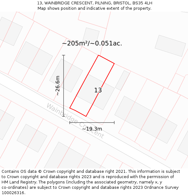 13, WAINBRIDGE CRESCENT, PILNING, BRISTOL, BS35 4LH: Plot and title map