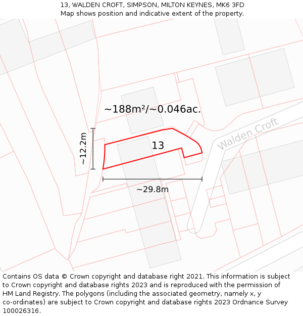 13, WALDEN CROFT, SIMPSON, MILTON KEYNES, MK6 3FD: Plot and title map