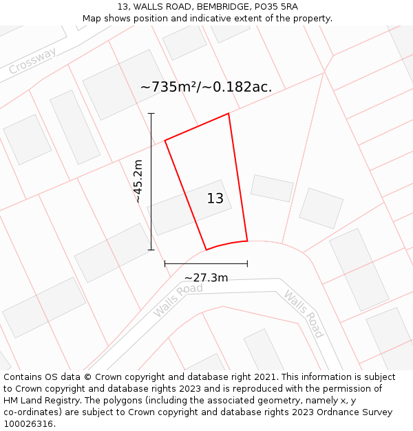 13, WALLS ROAD, BEMBRIDGE, PO35 5RA: Plot and title map