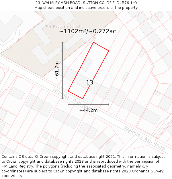 13, WALMLEY ASH ROAD, SUTTON COLDFIELD, B76 1HY: Plot and title map