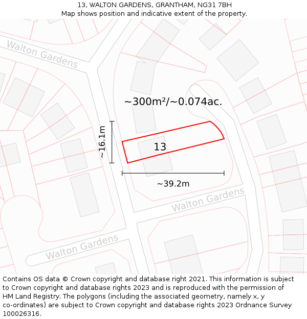 13, WALTON GARDENS, GRANTHAM, NG31 7BH: Plot and title map