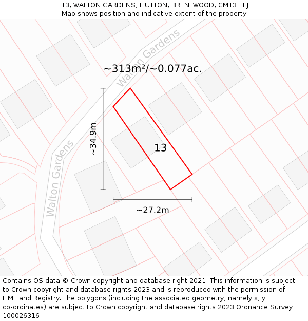 13, WALTON GARDENS, HUTTON, BRENTWOOD, CM13 1EJ: Plot and title map