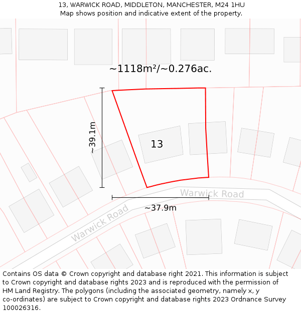 13, WARWICK ROAD, MIDDLETON, MANCHESTER, M24 1HU: Plot and title map