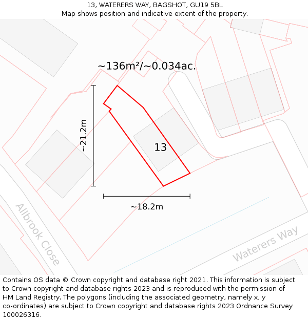 13, WATERERS WAY, BAGSHOT, GU19 5BL: Plot and title map