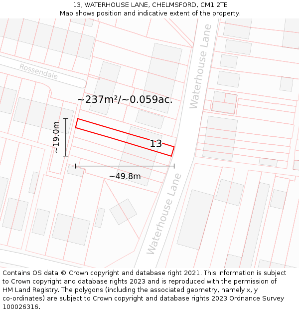 13, WATERHOUSE LANE, CHELMSFORD, CM1 2TE: Plot and title map