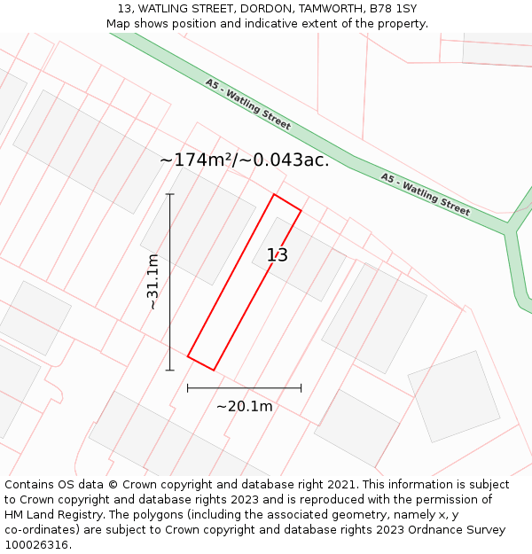 13, WATLING STREET, DORDON, TAMWORTH, B78 1SY: Plot and title map