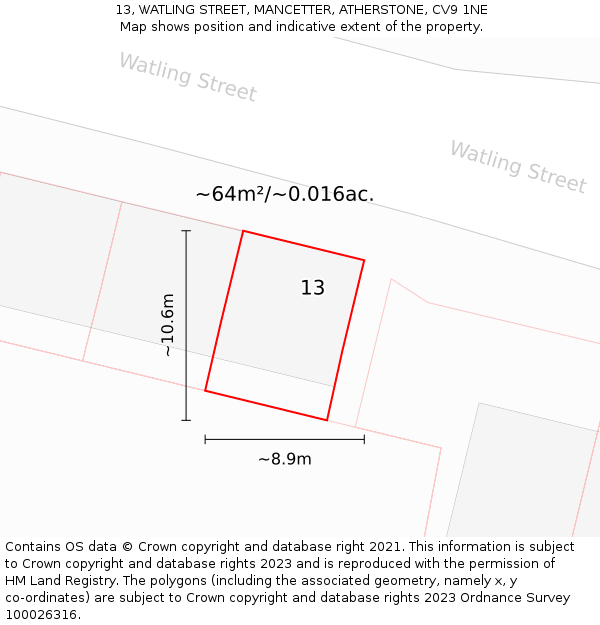 13, WATLING STREET, MANCETTER, ATHERSTONE, CV9 1NE: Plot and title map