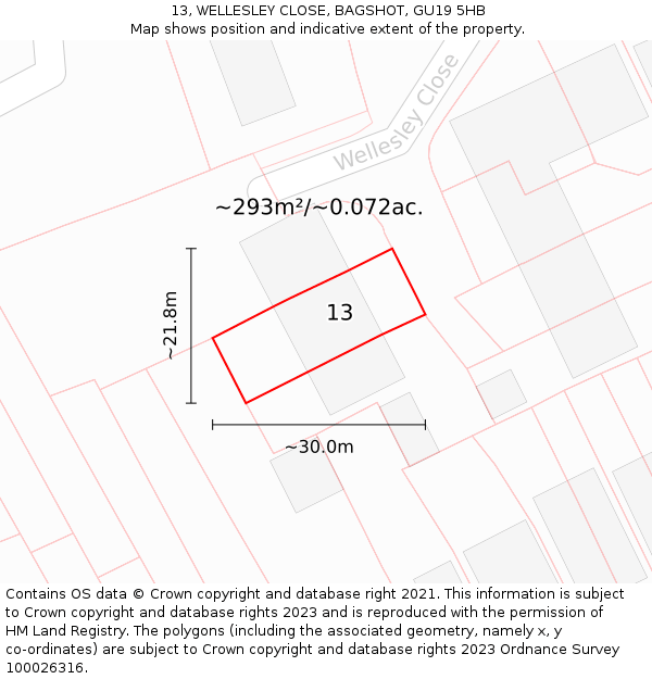 13, WELLESLEY CLOSE, BAGSHOT, GU19 5HB: Plot and title map