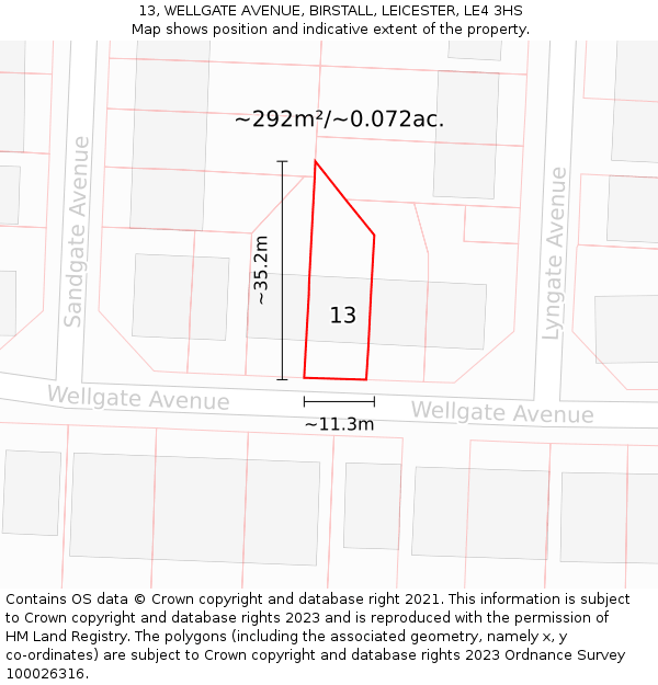 13, WELLGATE AVENUE, BIRSTALL, LEICESTER, LE4 3HS: Plot and title map