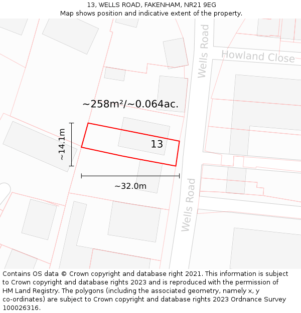 13, WELLS ROAD, FAKENHAM, NR21 9EG: Plot and title map