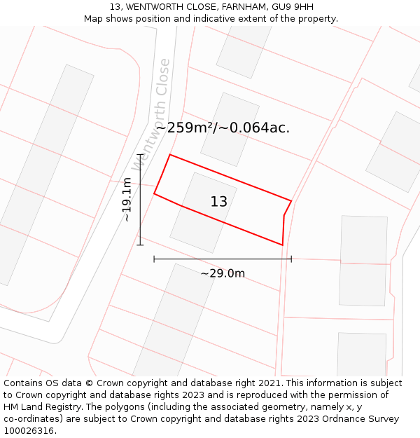 13, WENTWORTH CLOSE, FARNHAM, GU9 9HH: Plot and title map