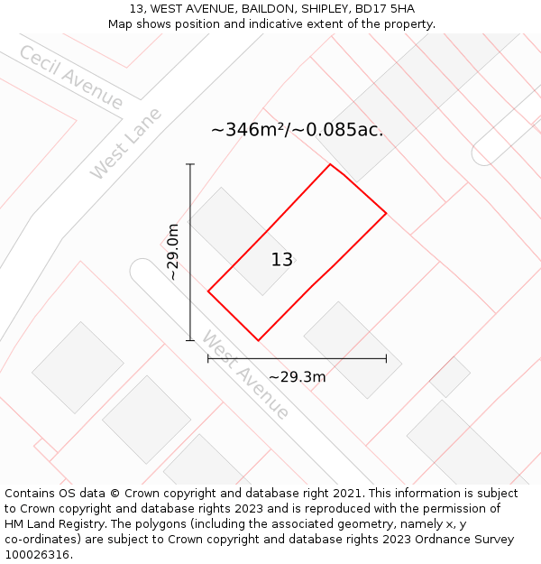 13, WEST AVENUE, BAILDON, SHIPLEY, BD17 5HA: Plot and title map