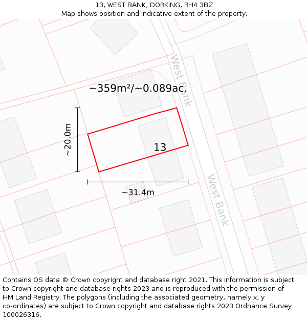 13, WEST BANK, DORKING, RH4 3BZ: Plot and title map