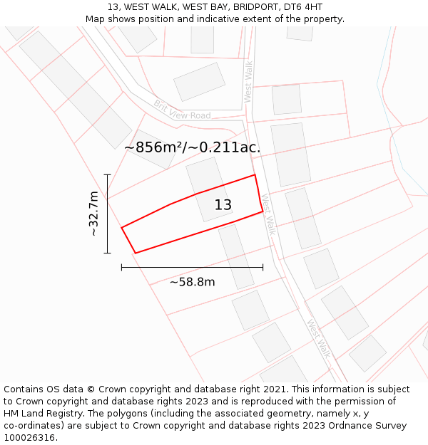 13, WEST WALK, WEST BAY, BRIDPORT, DT6 4HT: Plot and title map