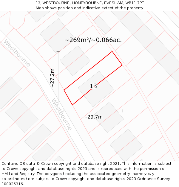 13, WESTBOURNE, HONEYBOURNE, EVESHAM, WR11 7PT: Plot and title map