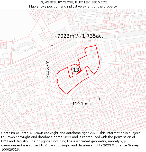 13, WESTBURY CLOSE, BURNLEY, BB10 2DZ: Plot and title map