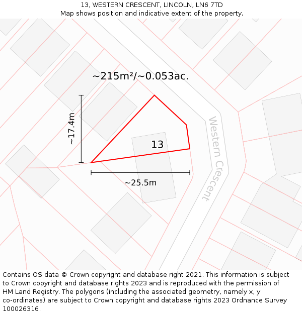 13, WESTERN CRESCENT, LINCOLN, LN6 7TD: Plot and title map