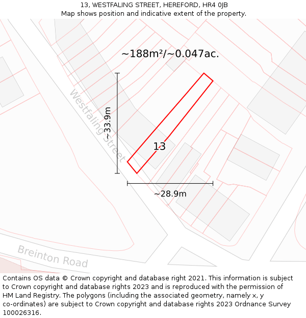 13, WESTFALING STREET, HEREFORD, HR4 0JB: Plot and title map