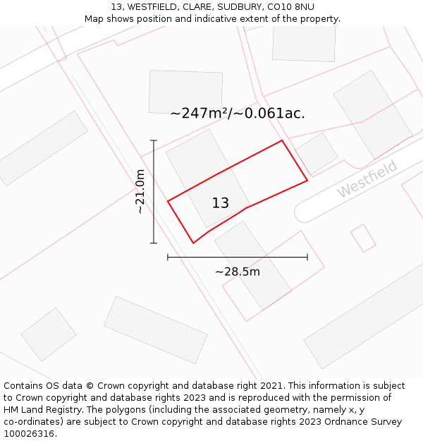 13, WESTFIELD, CLARE, SUDBURY, CO10 8NU: Plot and title map