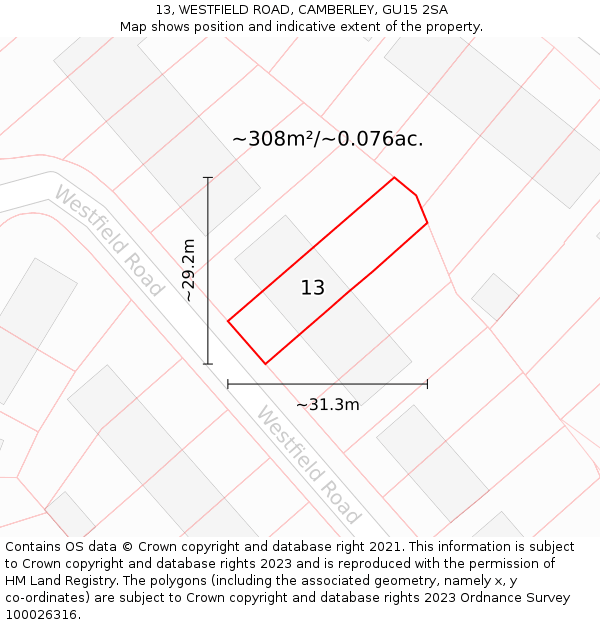 13, WESTFIELD ROAD, CAMBERLEY, GU15 2SA: Plot and title map