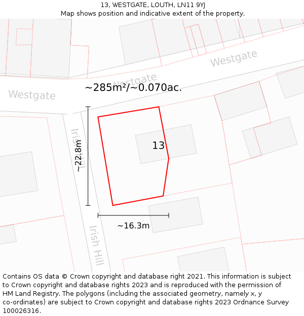 13, WESTGATE, LOUTH, LN11 9YJ: Plot and title map