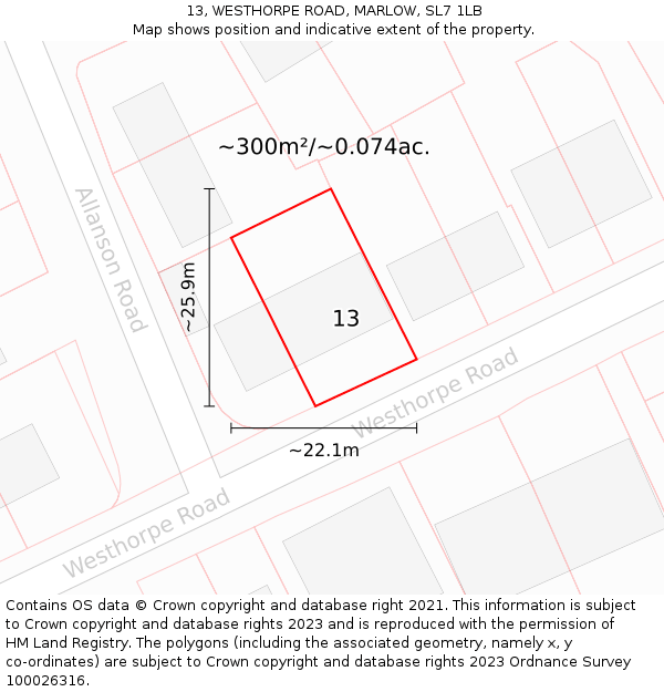 13, WESTHORPE ROAD, MARLOW, SL7 1LB: Plot and title map