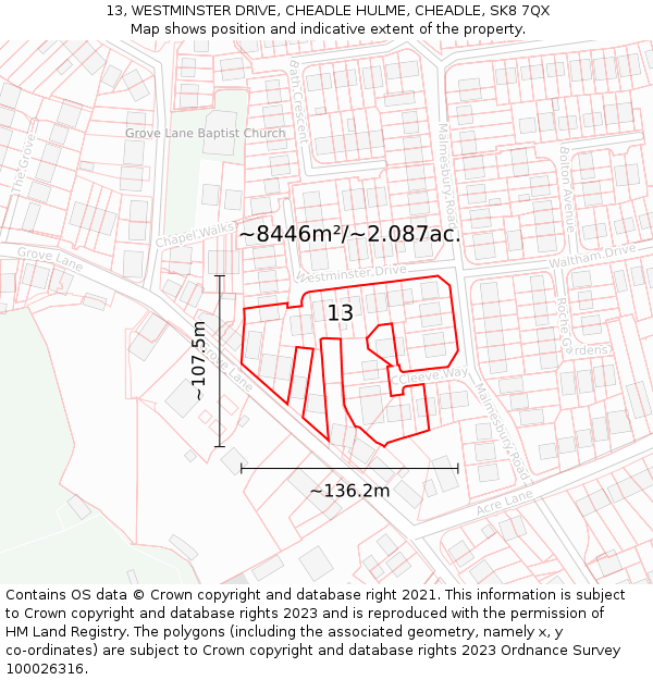 13, WESTMINSTER DRIVE, CHEADLE HULME, CHEADLE, SK8 7QX: Plot and title map